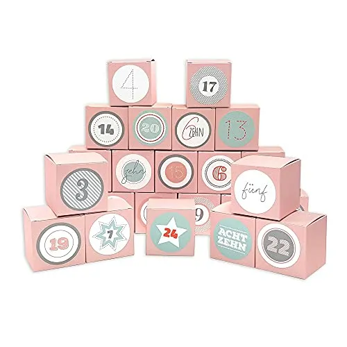 Frau WUNDERVoll® DIY Adventskalender Vorfreude zum Befüllen, 24 Faltschachteln rosa 7(L) x7(B) x7(H) cm (gefaltet), XL Ziffern pastell/Weihnachten, Aufkleber, Würfelbox, Faltverpackung, Schachteln