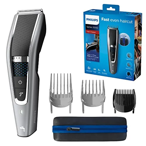 Philips Hair Clipper Series 5000 Haarschneider - Haarscherer mit Trim-n-Flow-Pro-Technologie, der herabfallende Haare abfängt und für 2x schnelleres Schneiden sorgt. Ideal für präzise Ergebnisse und bis zu 90 Minuten kabelloser Gebrauch.