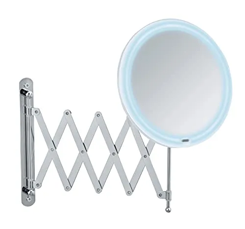 WENKO LED Teleskop-Wandspiegel Barona - Kosmetikspiegel mit 20 cm Durchmesser, 5-fach Vergrößerung und flexibler Touch-Funktion für optimale Beleuchtung