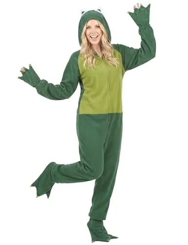 DEGUISE TOI Lustiges Frosch Damen-Kostüm - Grüner Frosch-Overall - 🎉 Verkleiden Sie sich mit diesem witzigen Froschkostüm für Damen! Der bequeme Overall mit Kapuze und passenden Handschuhen sorgt für einen tollen Auftritt auf jeder Party. Ideal für Märchen- und Tierfeste!