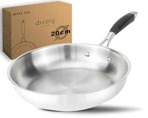 DIVORY Edelstahl Pfanne 20 cm PURA Induktion - Pfanne aus hochwertigem Edelstahl für alle Herdarten, ideal zum scharfen Anbraten und für intensive Röstaromen. Ergonomischer Griff und spülmaschinenfest für einfache Handhabung.