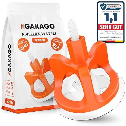 Gakago Fliesen Nivelliersystem 300-tlg. Set 2mm - Fliesenkeile für perfektes Fugenbild, überlegene Reichweite für Fliesenstärken von 3-18mm und schützende Schon-Unterlegscheiben für beschädigungsfreies Verlegen.
