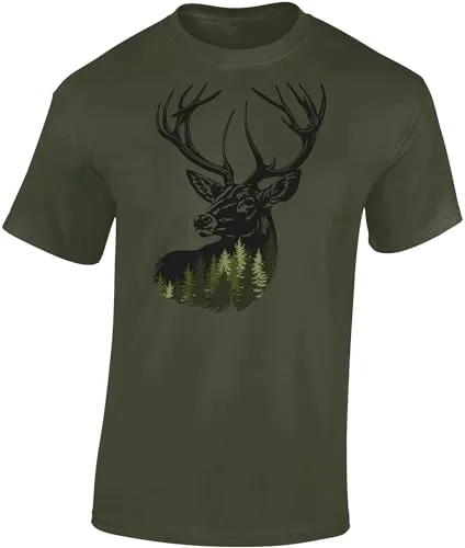 Baddery Jäger T-Shirt Herren - „Forest Deer“ - Jagd Shirt für Männer mit Hirsch-Motiv (Army M)