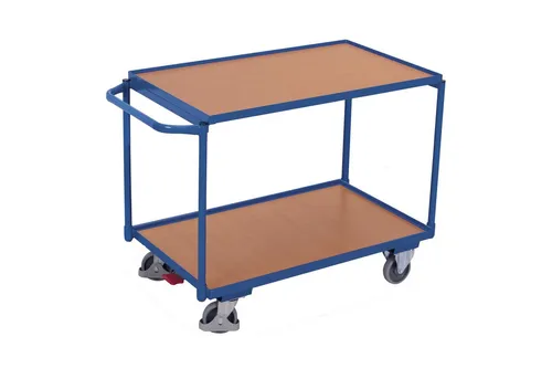 VARIOfit Tischwagen mit 2 Ladeflächen - 250 kg Traglast - Robuster Tischwagen aus Stahlrohr mit waagerechtem Schiebegriff, ideal für Lager und Werkstatt. Die MDF-Platten bieten eine ansprechende Buchendekor-Oberfläche und eine hohe Traglast von 250 kg.
