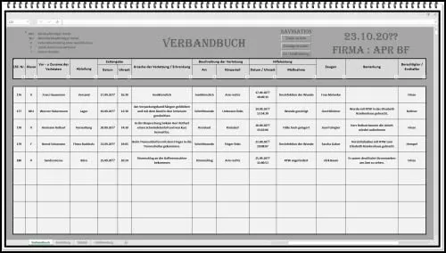 Elektronisches digitales Verbandbuch Computer Software Verbandsbuch Unfallbuch mit Unfallmeldung Unfallbericht MS Excel DGUV1