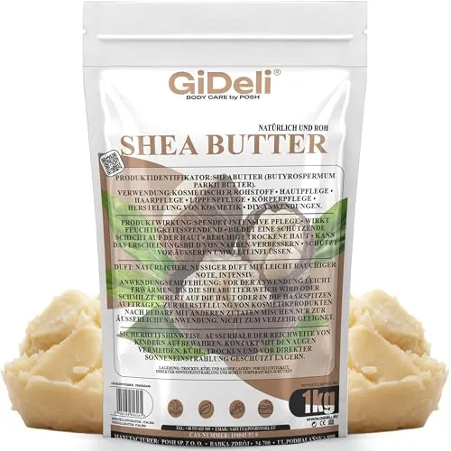 GiDeli Sheabutter 1 kg - Karitébutter Natürlich und Unraffiniert - Nussfett des Karitébaums intensiv feuchtigkeitsspendende - Bodybutter mit Regenerierender Wirkung