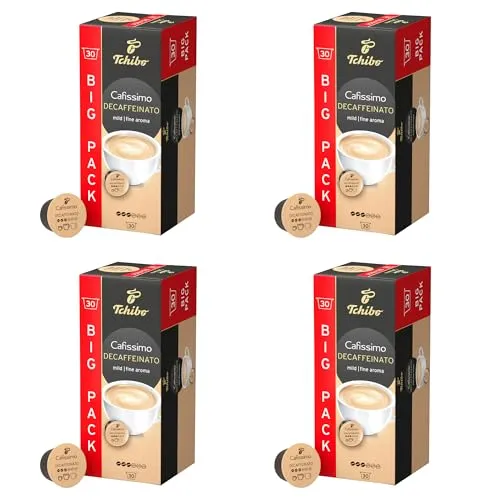 Tchibo Cafissimo Caffè Crema entkoffeiniert Kaffeekapseln, 120 Stück – 4x30 Kapseln (Kaffee, mild mit feinem Aroma), nachhaltig & fair gehandelt