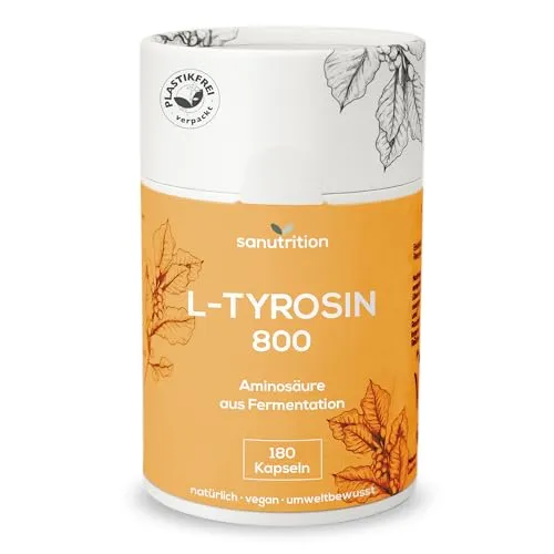 L-Tyrosin vegan | 800 mg pro Kapsel | 180 Kapseln | hochdosiert | proteinogene Aminosäure ohne Zusätze | in der Papierdose
