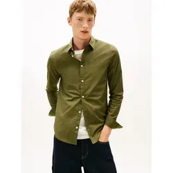 Tommy Jeans Herren TJM Original Stretch Shirt - Schmal geschnitten, Grün (Dark Greenery) - Elegantes Langarmshirt aus elastischer Baumwollpopeline für optimalen Tragekomfort. Mit dezenter Tommy-Flaggenstickerei und modischer Passform ideal für jeden Anlass.