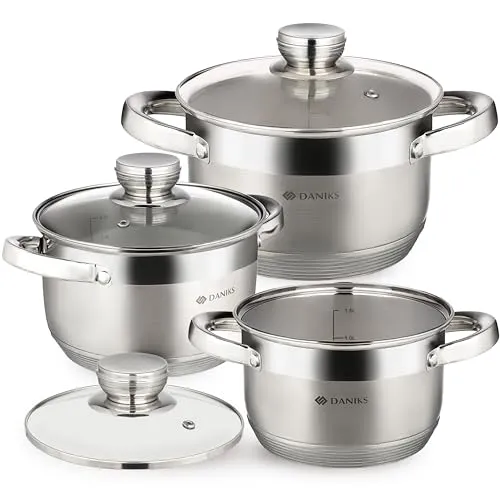 Daniks Standard 6-teiliges Edelstahl Topfset Induktion, Töpfe mit Glasdeckel, 16/18/20 cm, Suppentopf/Nudeltopf/Pastatopf, Silber