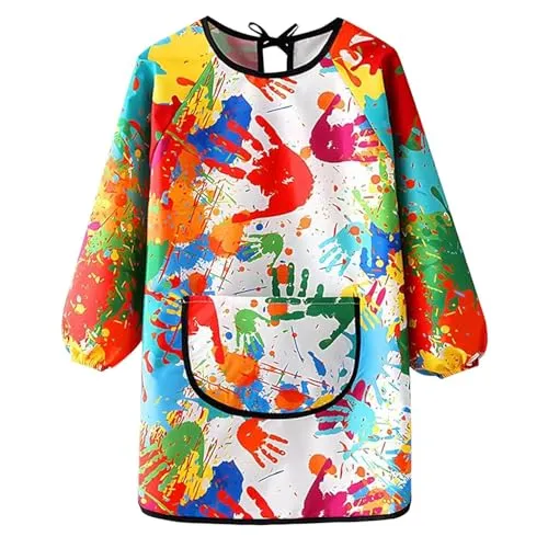 iCovalescent Malschürze, Kinder Malerkittel, mit Ärmeln und Big Taschen, Mädchen Junge Tuschkittel Wasserdicht Malkittel Bastelschürze für Schule Kunst Malerei Kochen(L)
