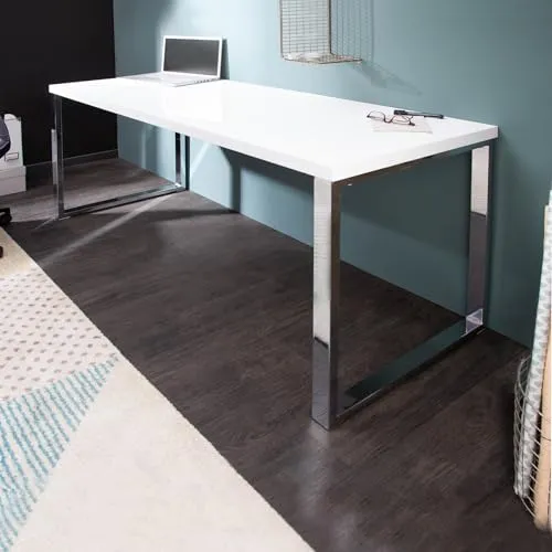 Riess-Ambiente WHITE DESK 160cm - Modernes Design in Hochglanz - Schreibtisch in Weiß und Silber, ideal für Home Office; pflegeleichte Oberfläche und Lieferung bis zum Wunschort sorgen für Komfort und Stil.