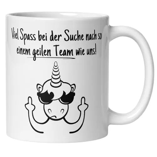 Abschied Kollegin Kollege Tasse | Einhorn & Spruch – Viel Spaß bei der Suche | Lustiges Abschiedsgeschenk Jobwechsel Büro | Geschenkidee zum Abschied Neuanfang Arbeitsplatz