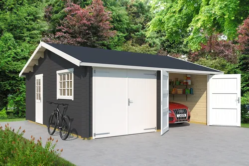 Garage Satteldach 44 mm Falkland mit Holztor grau 595x595 cm - Gartenhäuser & Carports, robuste Blockbohlenkonstruktion mit abschließbarem Holztor und 32,1 m² Nutzfläche – ideal für Ihre Fahrzeuge und Geräte.