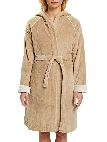 Esprit Damenbademantel Cosy - Kurzform, braun, mit Kapuze - Bademantel aus Microfaser, ideal für Sauna & Spa, mit praktischen aufgesetzten Taschen und Logostickerei, Pflegeleicht und trocknergeeignet.