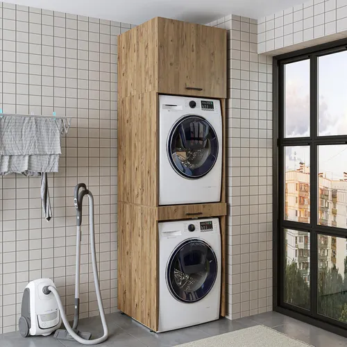 Roomart DUO-I Waschturm 67 cm Eiche - Praktischer Waschturm für Waschmaschine und Trockner, ideal für Waschküche oder Badezimmer. Mit Hochschrank und Ausziehbrett für zusätzlichen Stauraum. Robuste, pflegeleichte Oberfläche und hohe Stabilität.