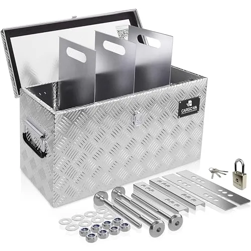 CARGO VA Wasserfeste Deichselbox mit Sicherheitsverschluss - Robuste und wasserdichte Aufbewahrungsbox für Anhänger. Mit Aluminiumgriffen und selbstverriegelndem Schließmechanismus. Ideal für sicheren Transport und individuelle Anpassung durch herausnehmbare Fächer.