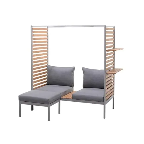 riess-ambiente Balkonlounge COCOONING 2-Sitzer anthrazit mit Hocker - Gartenmöbel-Set mit wetterfestem Aluminiumgestell und hochwertigem Eukalyptusholz. Genieße Entspannung im Freien mit pflegeleichten, UV-beständigen Kissen und vielseitigen Gestaltungsmöglichkeiten!