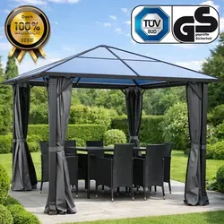Alu Pavillon PREMIUM 3x3m grau mit festem Dach - Der BRAST Alu Pavillon 3x3 m bietet einen eleganten Rückzugsort im Garten. Robuste Bauweise mit 8 mm Doppelstegplatten sorgt für Stabilität und Schutz vor Witterung. TÜV-geprüfte Qualität garantiert Langlebigkeit und Sicherheit.