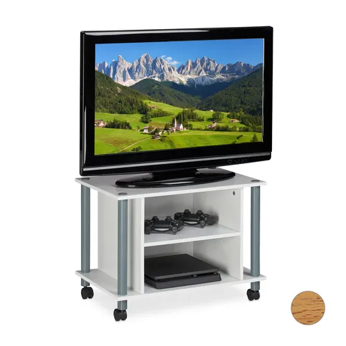 TV Tisch mit Rollen - fahrbarer Fernsehtisch für 15 kg - TV-Halterungen: Flexibler TV Tisch mit 2 Fächern, ideal für kleine Räume, leicht bewegbar dank Rollen und klassischem Design.