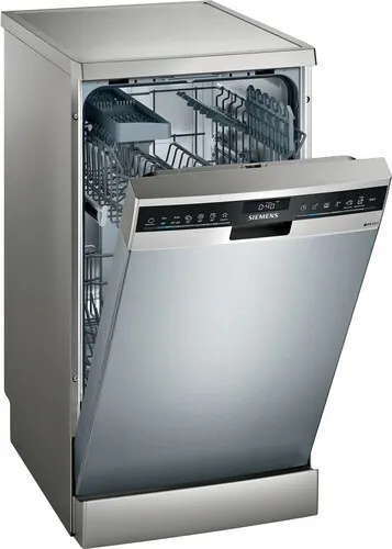 Siemens SR23HI48KE Geschirrspüler - 45 cm breiter, freistehender Geschirrspüler in Silber mit Energieeffizienzklasse E – ideal für kleine Küchen und effizientes Spülen.