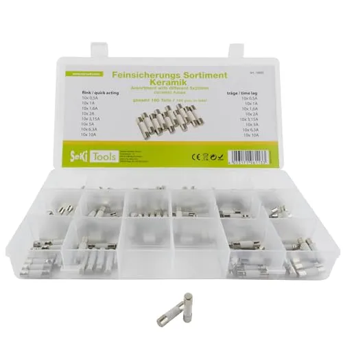 SeKi 160 Teile Feinsicherung/Keramiksicherungen 5x20 Sortiment 160-teilig 16 Typen; 8 x Flink + 8 x Träge 0,5A, 1A, 1,6A, 2A, 3,15A, 5A, 6,3A und 10A Sicherung; Glasrohrsicherung; Keramik Sicherung