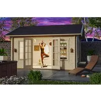 Gartenhaus SKANHOLZ "Montreal 1" - Beige, Natur - Robustes Gartenhaus mit Blockbohlensystem und Fußboden aus Holzwerkstoff. Ideal für Gartenliebhaber, bietet ausreichend Platz mit 12,6 m² Grundfläche und Satteldach.