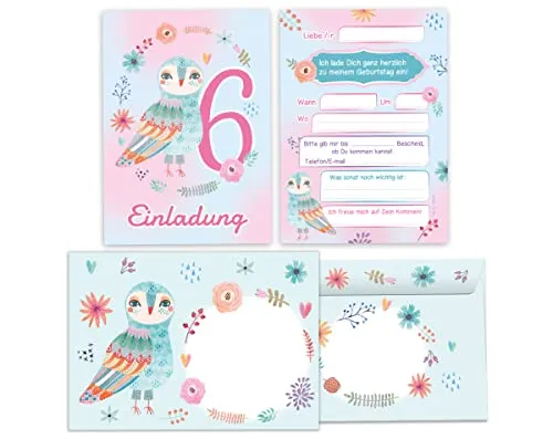 Junapack 12 Einladungskarten incl. 12 Umschläge zum 6. Kindergeburtstag Einladung zum sechsten Geburtstag Mädchen Eule