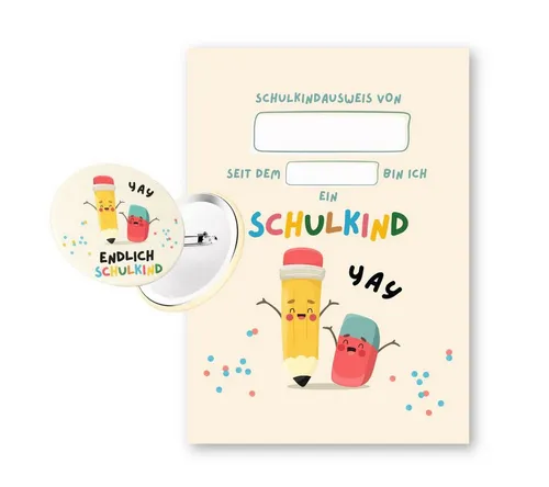 suebidou Button Set Schulkind Ausweis mit Abzeichen Anstecker zur Einschulung