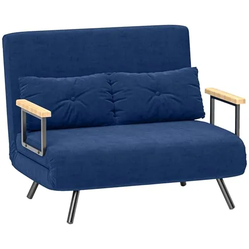HOMCOM 2-Sitzer Schlafsofa mit 5 Stufen Verstellbarer Rückenlehne, Doppel-Klappsofa mit 2 Kissen für Wohnzimmer, aus gepolstertem Stoff, Stahl und Holz, 102x73x81 cm, Blau