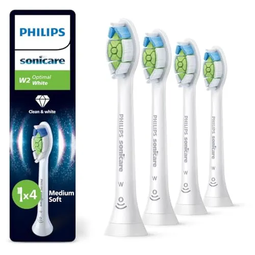 Philips Sonicare W2 Optimal White - 4er-Pack Ersatzbürstenköpfe - Ersatzzahnbürsten für strahlend weiße Zähne und bis zu 100 % mehr Fleckenentfernung in nur einer Woche. Ideal für eine sanfte und effektive Reinigung mit Sonicare Technologie.
