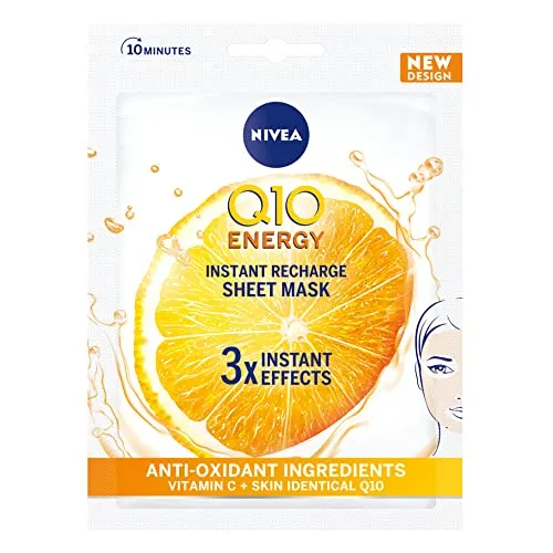 NIVEA Q10 + C Power Anti-Falten + Energieblatt Maske (1 Stück), Anti Aging Feuchtigkeitspflege Maske mit Vitamin C, Gesichtsmaske mit Coenzym Q10, Anti Falten Creme Maske