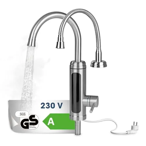 MAXXMEE Elektrische Edelstahl-Armatur - Integrierter Durchlauferhitzer mit LED Temperaturanzeige, warmes Wasser in Sekunden ohne Vorheizen und 2 wechselbaren Wasserhähnen