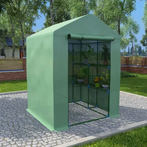 vidaXL Gewächshaus mit Regalen 143x143x195cm - Garten-Zubehör: Robustes Gewächshaus aus 170 g/m² PE-Netzgewebe, ideal zum Schutz deiner Pflanzen vor Witterungseinflüssen und mit stabilen Ablagen für eine ordentliche Aufbewahrung.