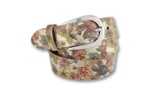 Eleganter Ledergürtel Design 502 von Bernd Götz, Gr. 110 - Gürtel aus hochwertigem Rindleder mit buntem Blumendesign und reflektierendem Metallicprint. Made in Germany, flexibel anpassbar und ideal für stilvolle Outfits.