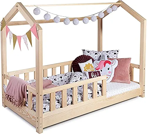 Sanmar Kinderbett Alex 160x200 - Hausbett aus Kiefer Holz - Kleinkindbett mit Rausfallschutz, ideal für kreative Spiel- und Schlafumgebungen. Hergestellt aus Kiefernholz, umweltfreundlich und sicher für Jungen und Mädchen.