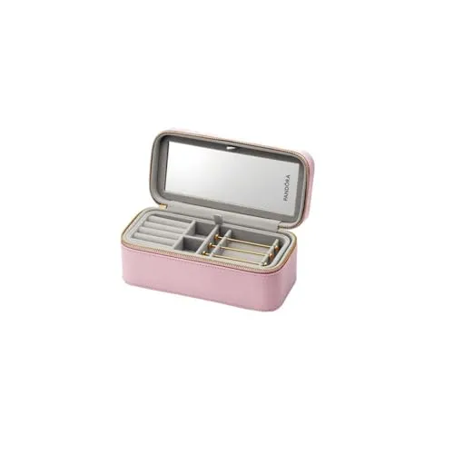 Pandora Kleine rosafarbene Schmuckbox - 20 x 8,5 x 10,1 cm, perfekte Aufbewahrungslösung mit samtgefütterten Fächern und Spiegel im Deckel