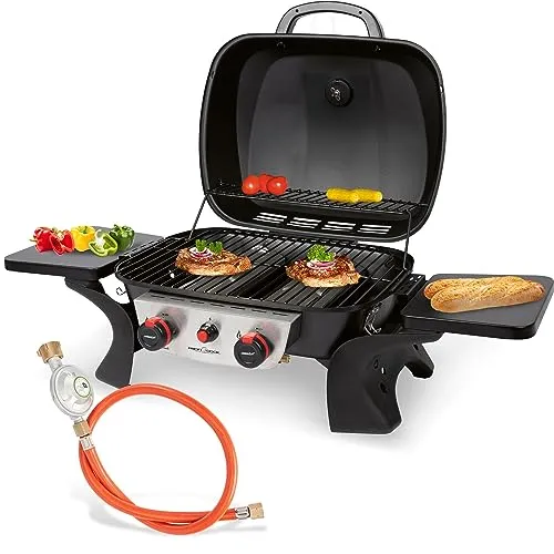ProfiCook Gasgrill PC GG 1261 mit 2 Edelstahlbrennern - Kompakter Tischgrill für Balkon und Camping, inkl. Gasdruckminderer & Gasschlauch. Genießen Sie Grillvergnügen mit stufenloser Temperatureinstellung und einfacher Reinigung dank herausnehmbarem Fettauffangbehälter.
