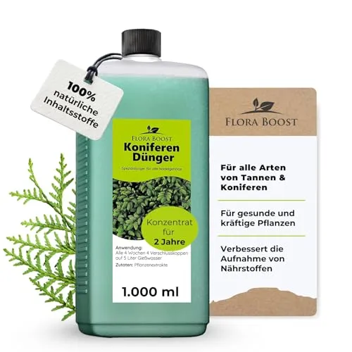 Konfitee Koniferen Dünger Flora Boost 1000ml I Für bis zu 200L Gießwasser I Dünger für Koniferen, Tannen & Thujen geeignet I Flüssiger Blatt- & Wurzeldünger I 100% natürlicher Pflanzendünger