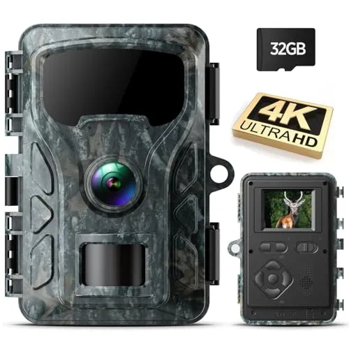 VOOPEAK Wildkamera 4K 48MP mit 32GB SD Karte - Beobachtungsmonitor mit 4K-Videoauflösung, 48MP-Bildern und 120° Weitwinkel, ideal für die Wildtierbeobachtung bei Tag und Nacht.