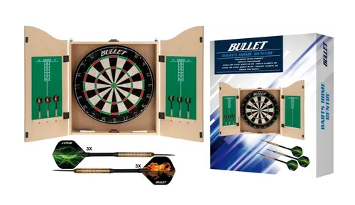 Bullet Dartschrank aus hellem Holz mit Steeldarts und Scoreboard - Klassische Dartboards mit hochwertiger Dartscheibe und 6 Steeldarts, inklusive 2 Scoreboards im Inneren für einfaches Punktesystem und optimalen Spielspaß.