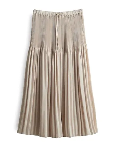 OPUS Damen Midirock RIBANE | Plisseerock mit Komfortbund in Natural Glaze, Größe 42 - Damenbekleidung: Eleganter Plisseerock in A-Linie, ideal für Büro und Freizeit, aus hochwertigem Satin für maximalen Komfort und stilvollen Look.