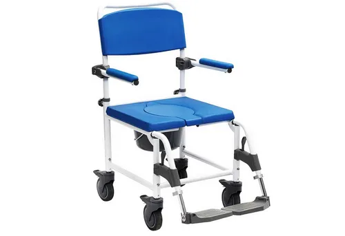 Dusch-Toilettenrollstuhl Aston, 5" Räder, weiß-blau - Behinderten-Bedarf, stabiler Aluminiumrahmen, ideal für Dusche und Toilette mit höhenverstellbarem Sitz und abnehmbaren Fußstützen für maximalen Komfort.