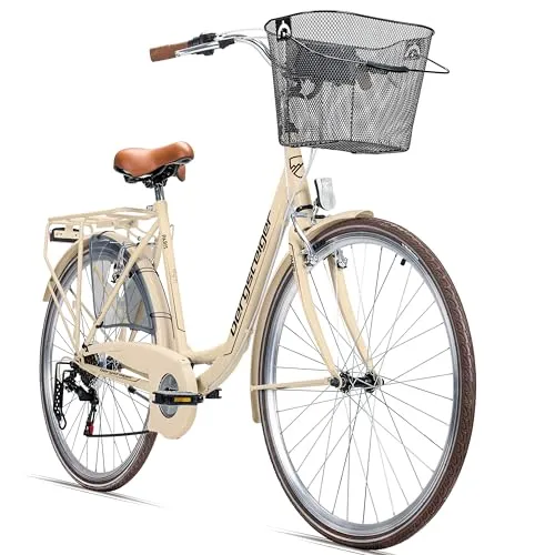 Bergsteiger Paris Damenfahrrad 26/28 Zoll - Damen-Citybike im Retro-Design mit 6-Gang-Schaltung, V-Brakes und geräumigem Korb, ideal für Stadt und Land, schnell montierbar und komfortabel.