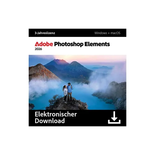 Adobe Photoshop Elements 2026 Downloadcode - Bild- und Videobearbeitung mit KI für kreative Effekte. 3 Jahre Laufzeit, ideal für Windows und Mac. Sofortiger Download-Link und Key per E-Mail.