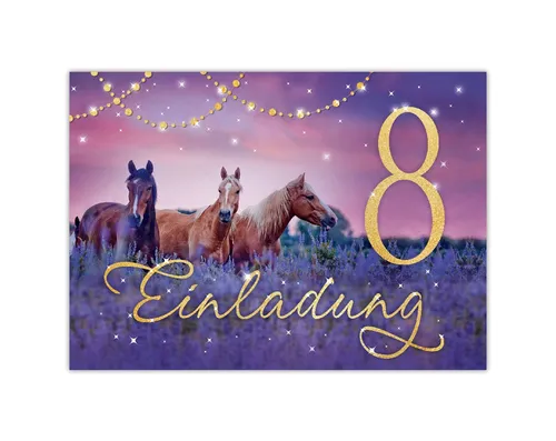 JUNAPACK Einladungskarten Pferd Einladungen zum Kindergeburtstag Fohlen lila Mädchen, Einladungskarten zum 8. Geburtstag mit Pferd Motiv