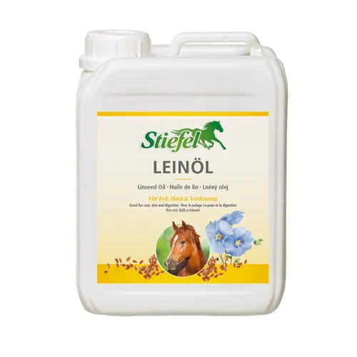 Stiefel Leinöl - Kaltgepresstes Naturprodukt - Ergänzungsfutter für Pferde, unterstützt die Haut- und Fellqualität sowie eine gesunde Verdauung.