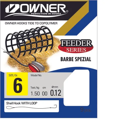 Owner Feeder Barbe Spezial (FRL-044) Gr. 10 - Fertig gebundene Feederhaken - Haken für das Friedfischangeln, ideal für Barbe und andere Süßwasserfische. 9 Stück pro Packung, brüniert für optimale Tarnung.