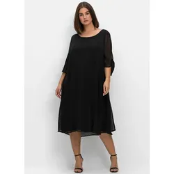 Chiffonkleid SHEEGO "Midikleid", Damen, Gr. 58, Normalgrößen, schwarz, 100% Polyester, unifarben, wadenlang, Rundhals, 3/4-Ärmel, Kleider