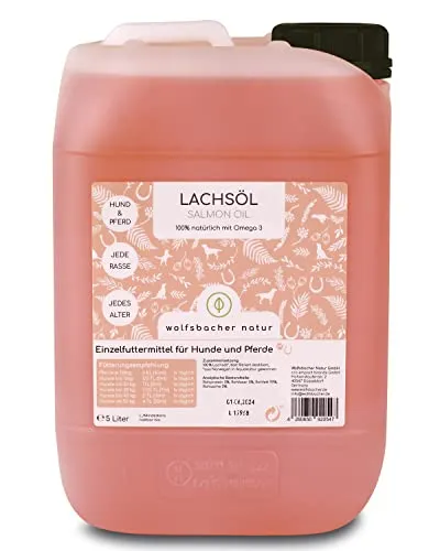 Lachsöl für Hunde und Pferde – Hochdosiertes Omega 3 & 6 - Natürliches Lachsöl aus Atlantik-Meer-Lachs in 5 Liter. Ideal zur Unterstützung der Haut- und Fellgesundheit, einfach ins Futter mischen und für alle Rassen geeignet.